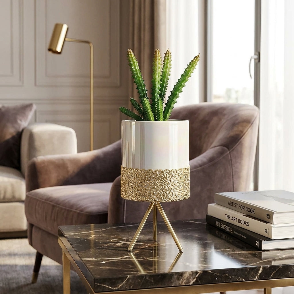 Large desktop plant holder With Gold Detailing Pearl Design