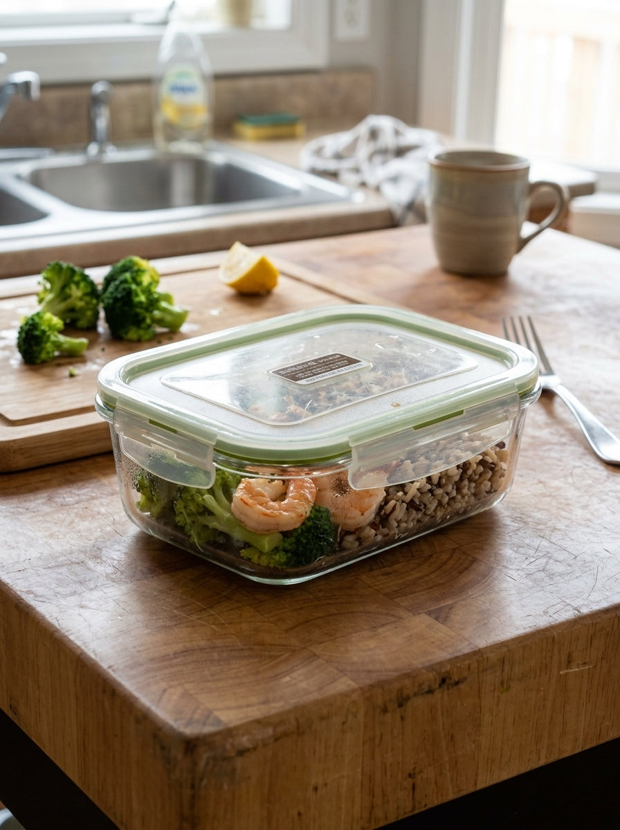Glass Rect Food Container with Lockable Lid-Green
