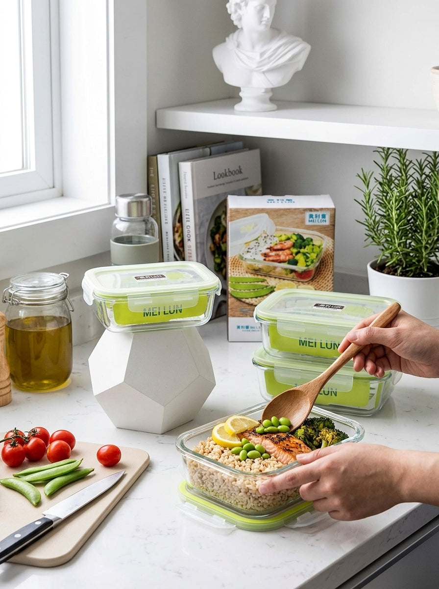 Glass Rect Food Container with Lockable Lid-Green