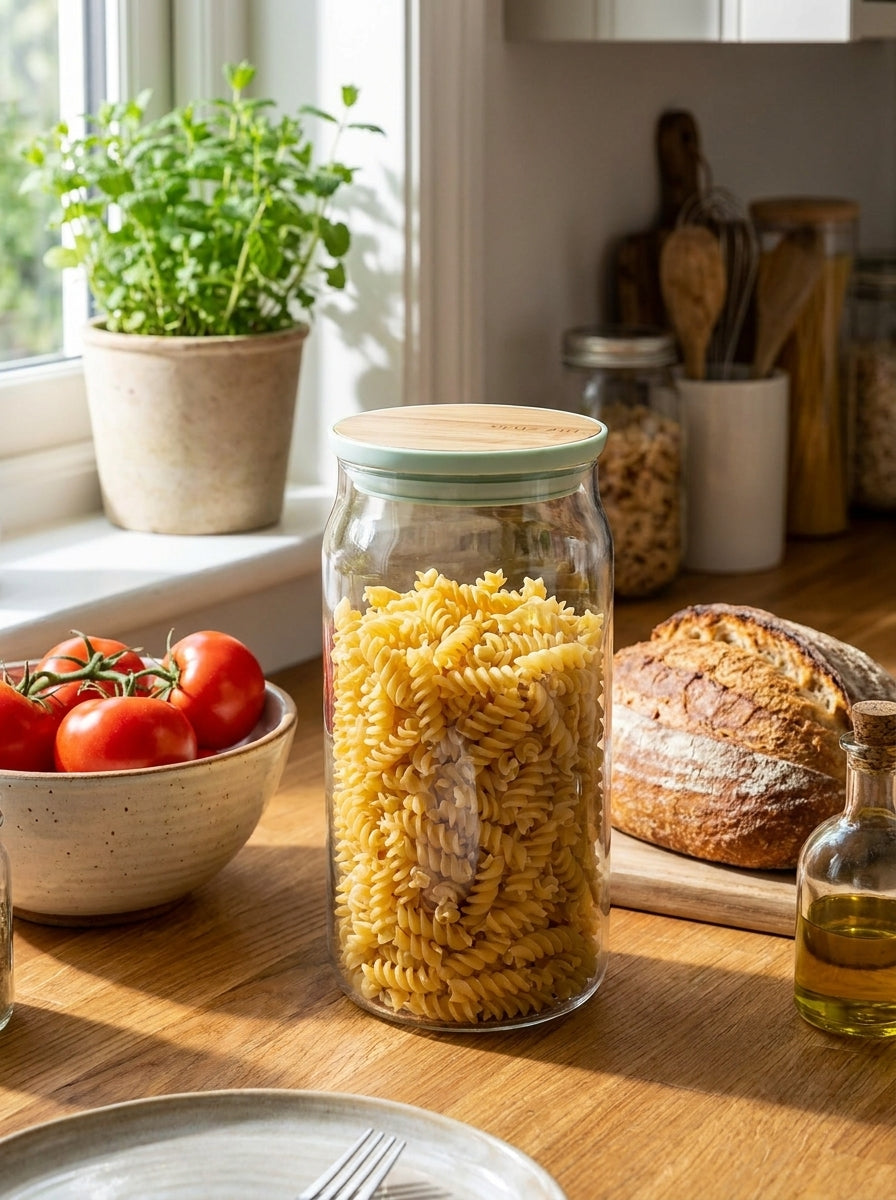 Curved Glass Storage Jar with Bamboo Lid Branded collection