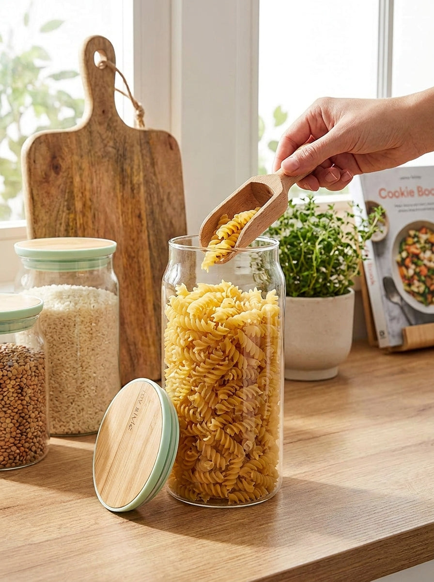 Curved Glass Storage Jar with Bamboo Lid Branded collection