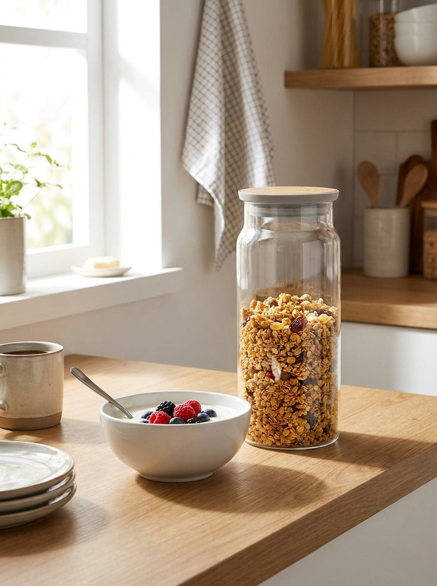 Curved Glass Storage Jar with Bamboo Lid Branded collection