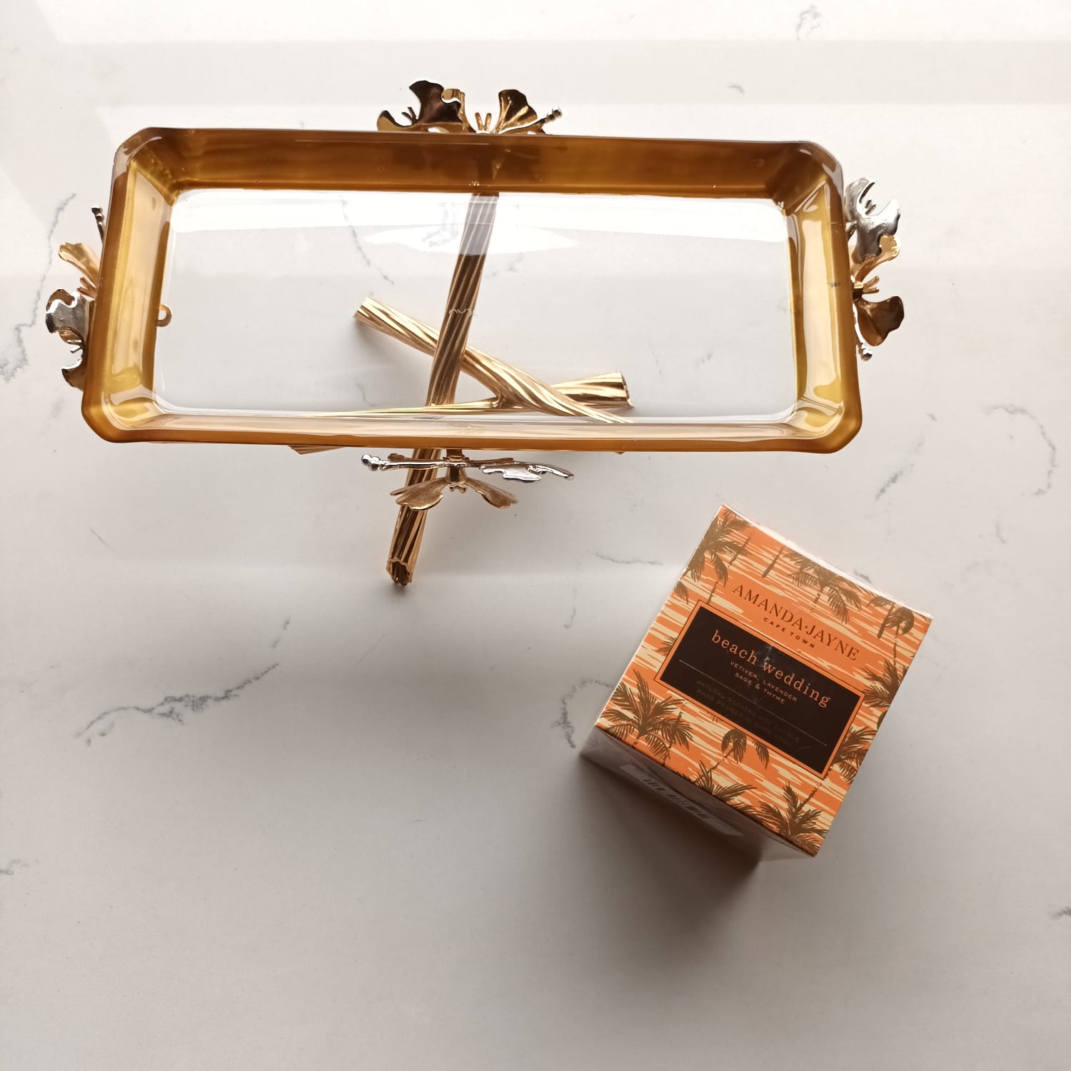 Rectangular Plate with Golden Flower Detail