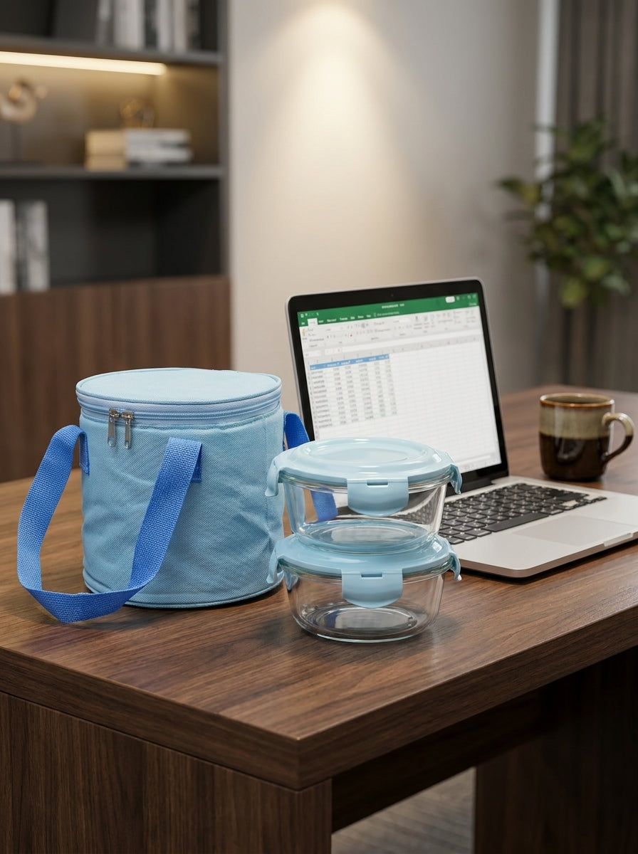 x2 Glass Food Container Set (Lockable Lid) with Insulated Lunch Bag - Blue 3pc set