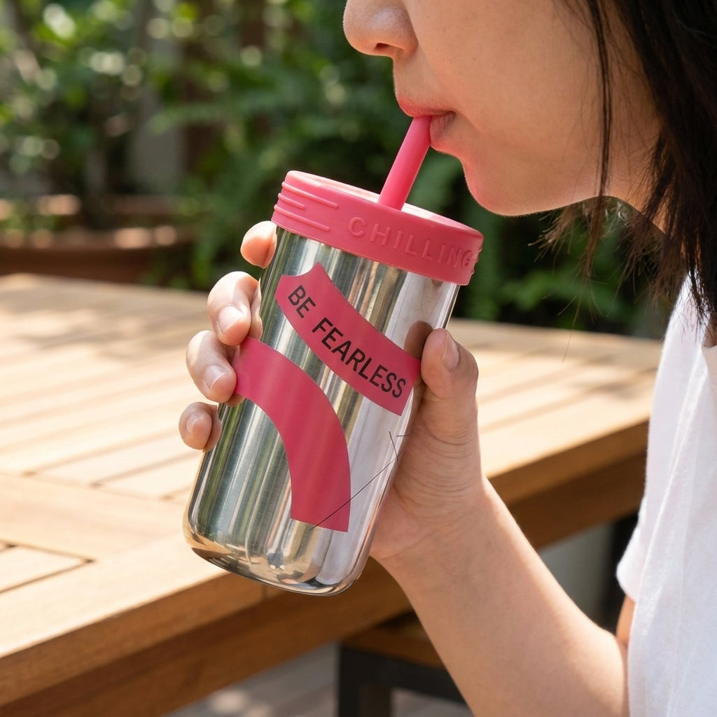 Metallic Glass " Fearless" Cup with silicone straw