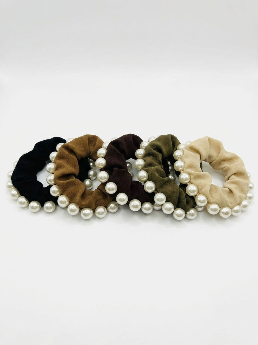 Hair  bands Beaded pearl soft towling blk/choc/toffee/light coffee/olive