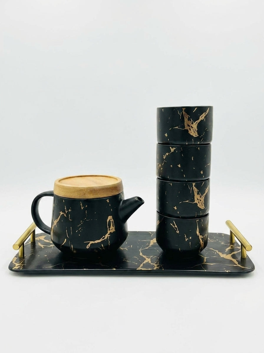 Black Marble Tea Set With Tray