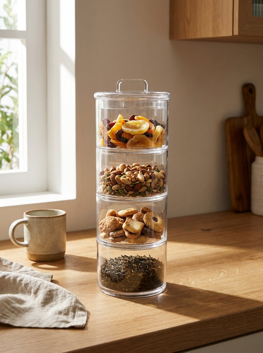 4 Tier - 8cm Stackable Glass Food Container with Glass Lid