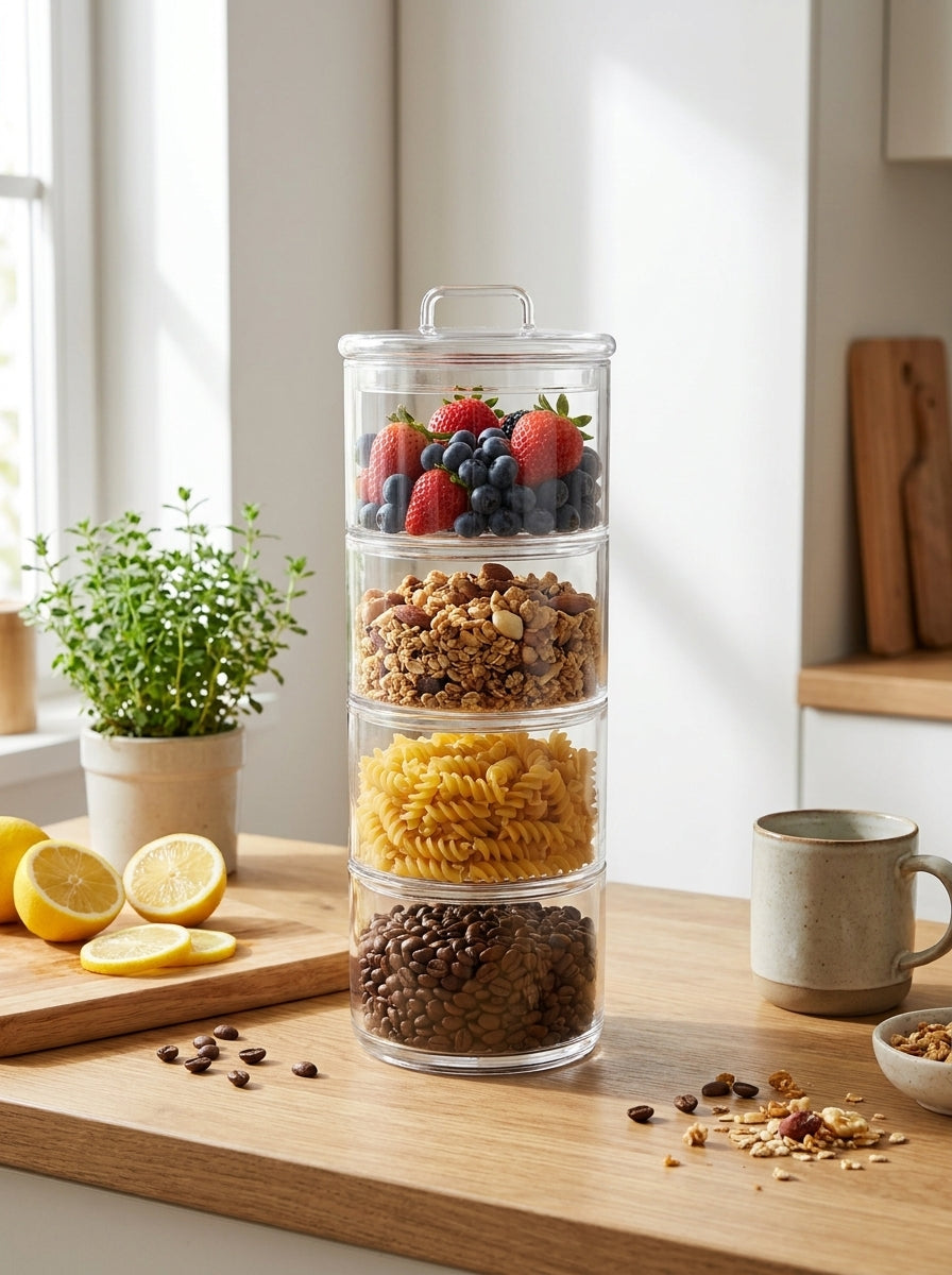 4 Tier - 8cm Stackable Glass Food Container with Glass Lid