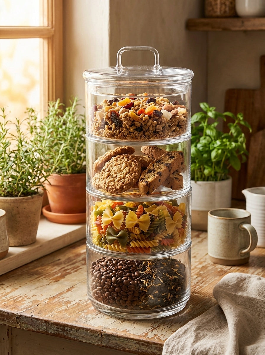 4 Tier - 6cm Stackable Glass Container with Glass Lid