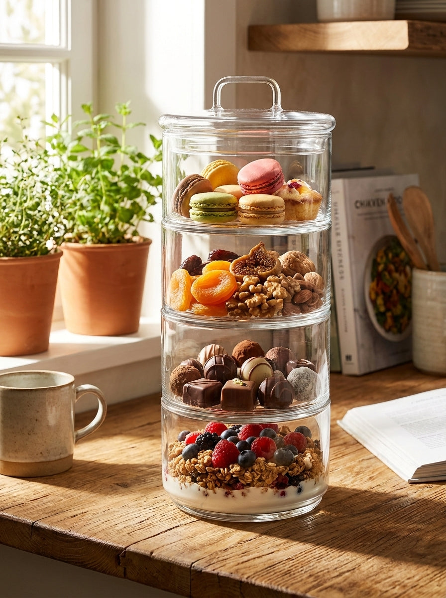 4 Tier - 6cm Stackable Glass Container with Glass Lid