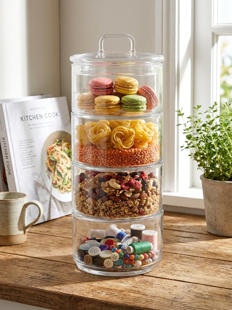 4 Tier - 6cm Stackable Glass Container with Glass Lid