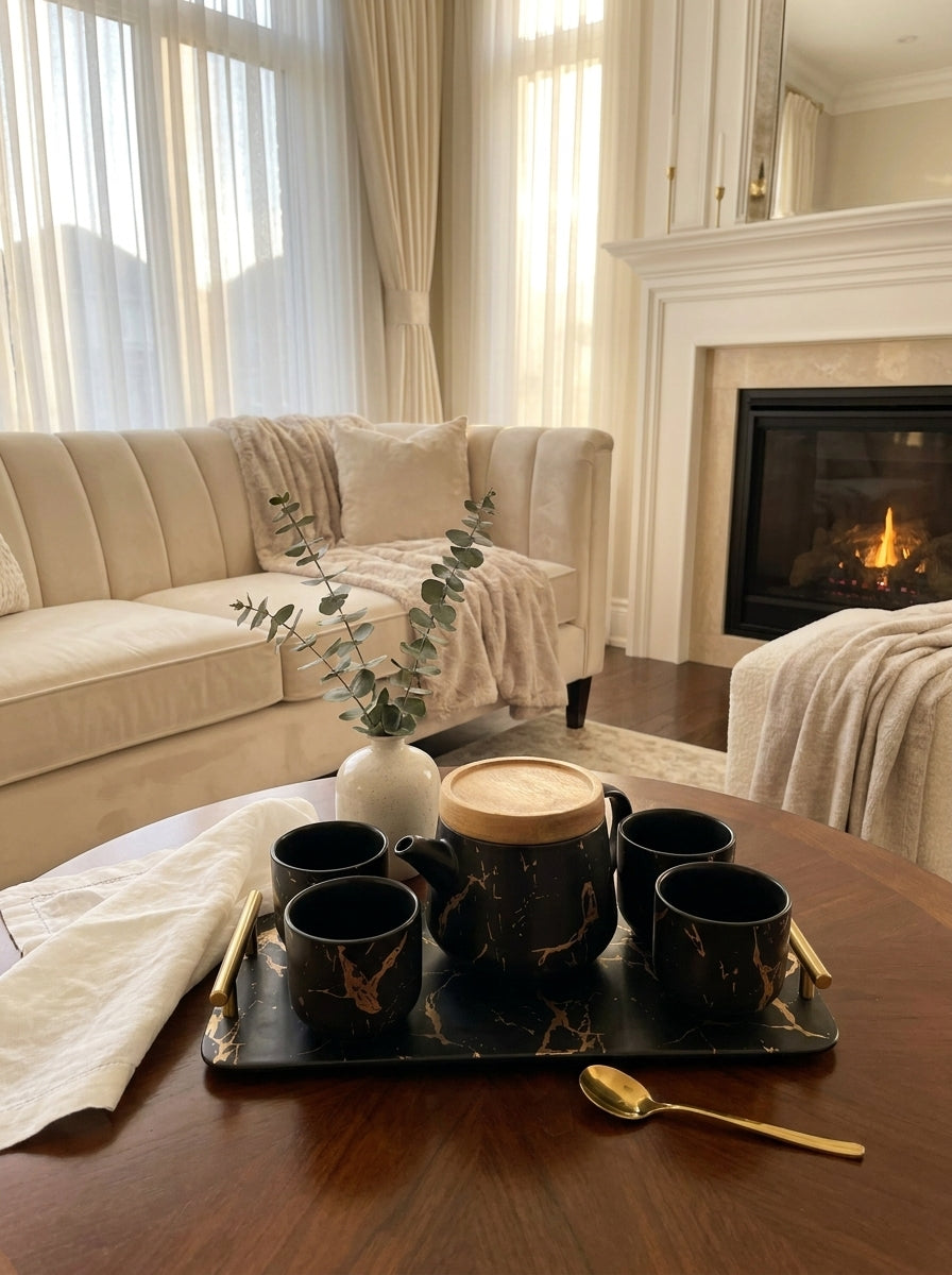 Black Marble Tea Set With Tray