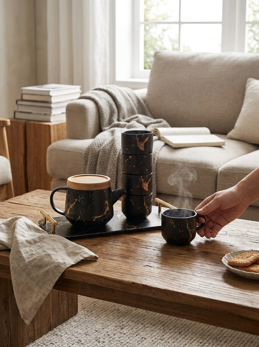 Black Marble Tea Set With Tray