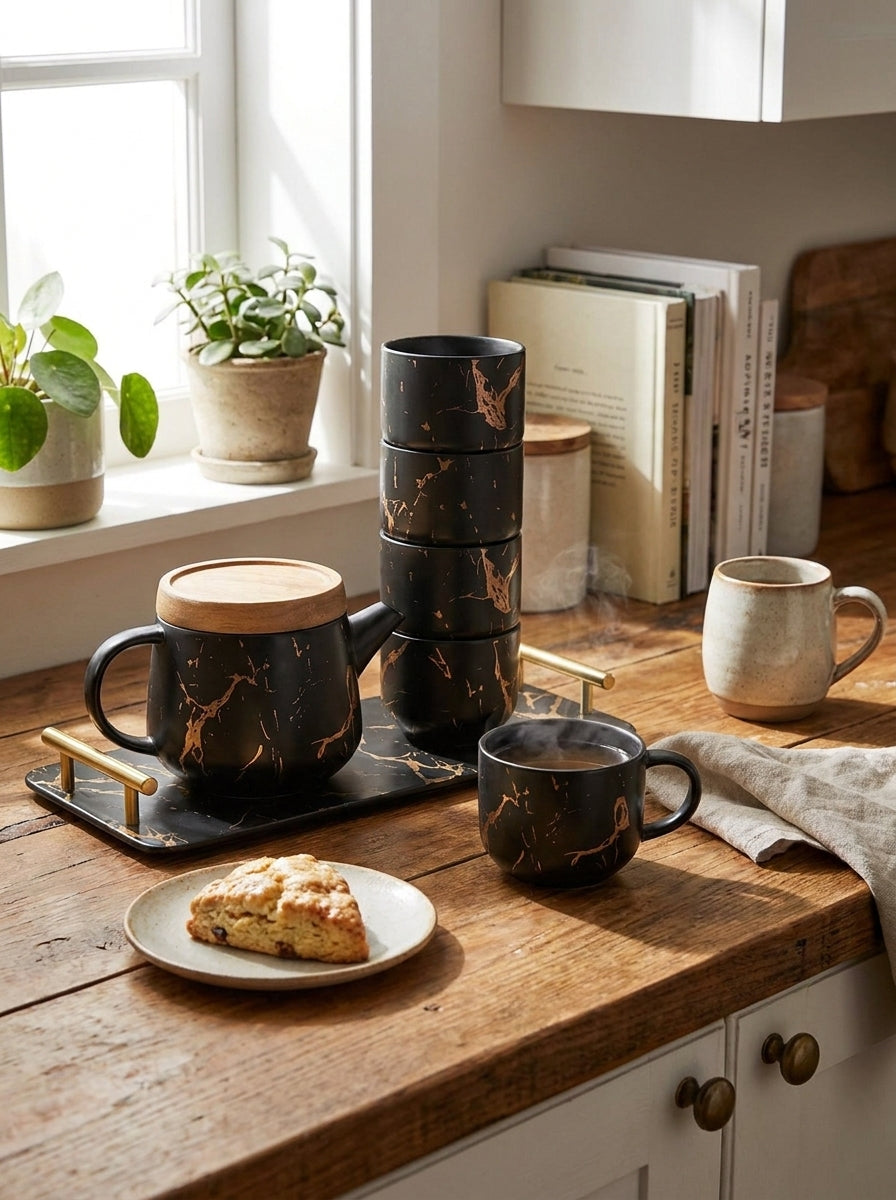 Black Marble Tea Set With Tray