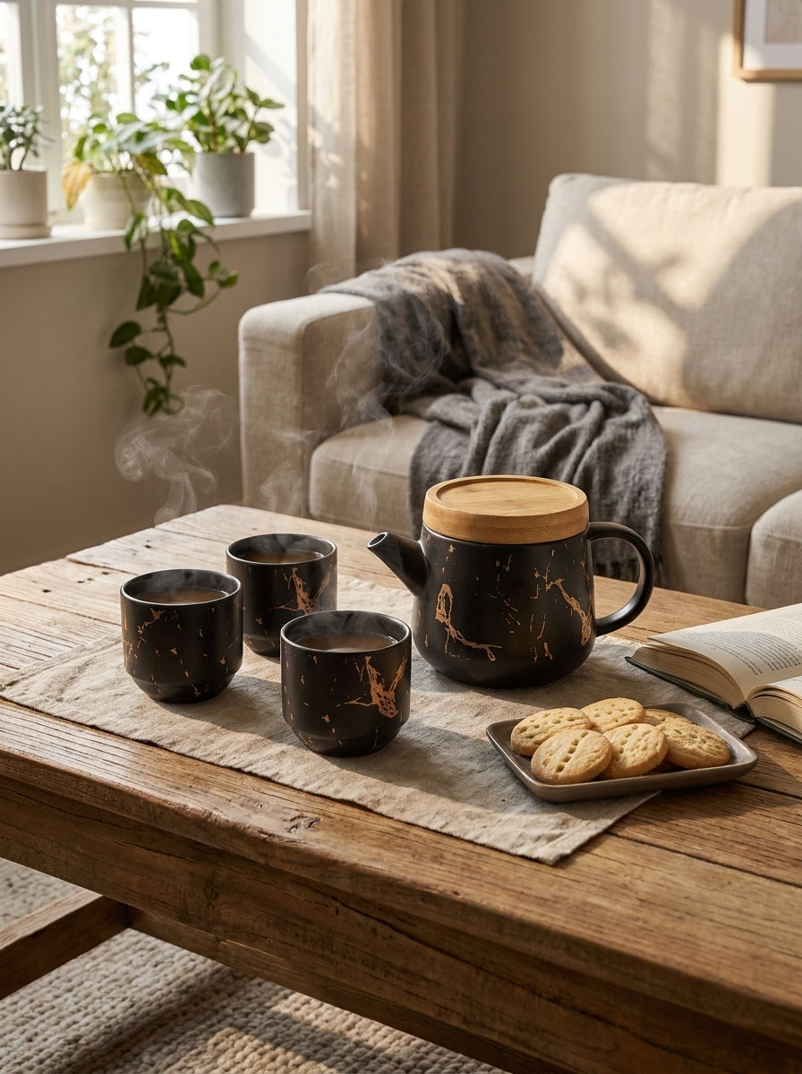 Black Marble Tea Set With Tray