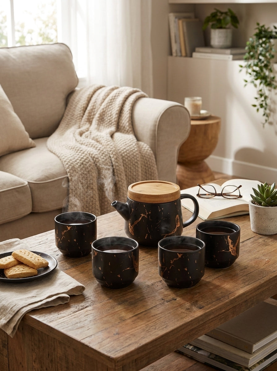 Black Marble Tea Set With Tray