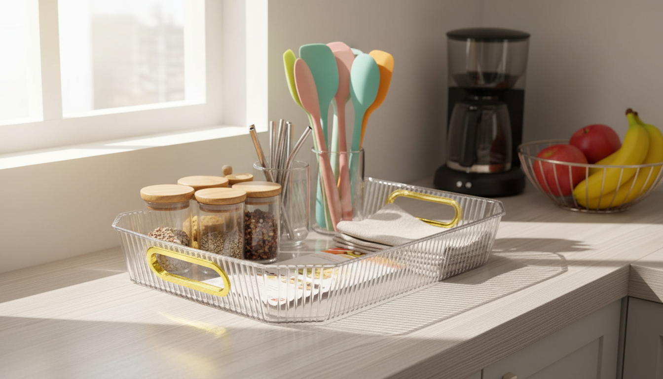 Stylish rectangular tray in clear Acrylic with golden grips