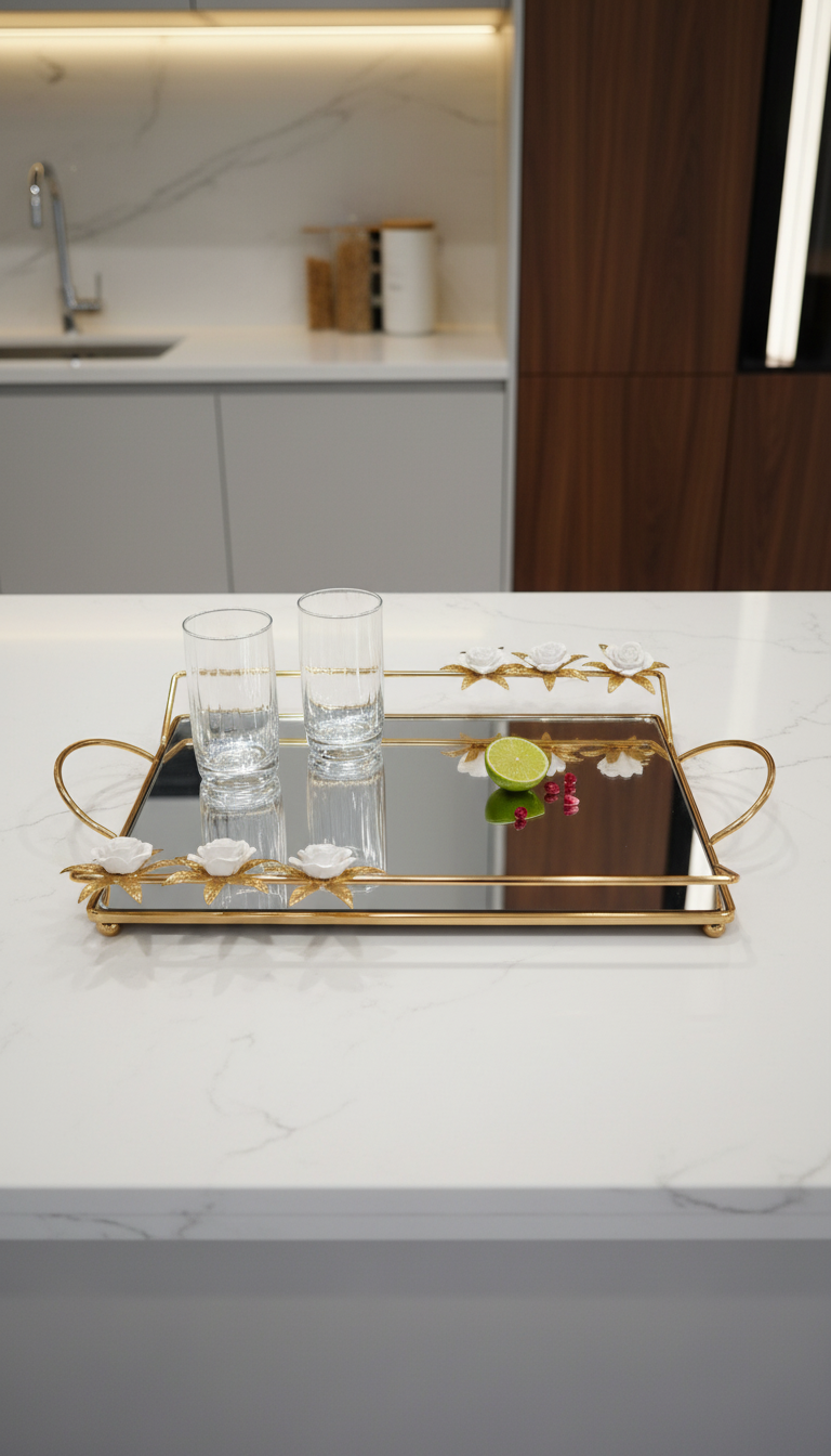 Rectangular Mirror Tray with White Flowers -AMAZING OFFER LTD STOCK