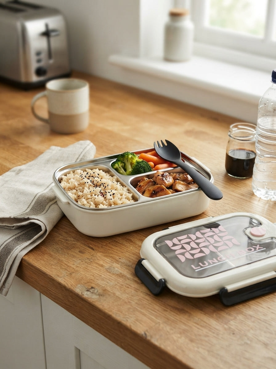 Large Stainless Steel Lunch Box 2div removeable inner clip lock sid