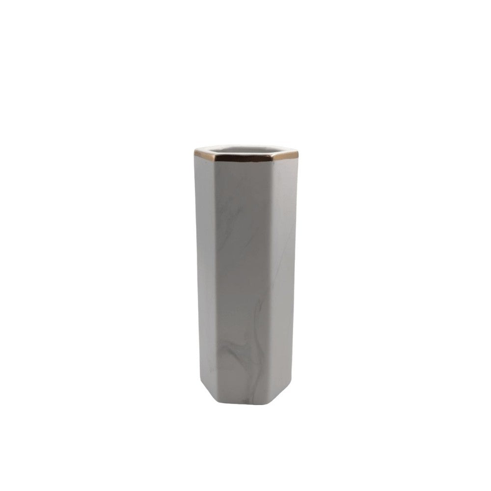 Designer- Marble Style Hexagonal Shaped Vase with golden rim- Priced to Clear