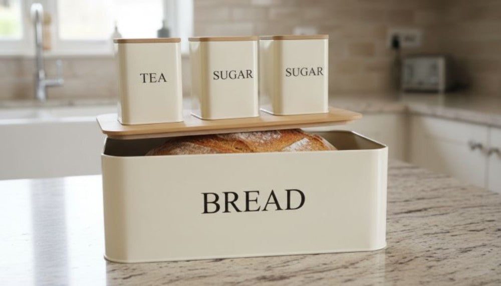 Retro Deluxe Bread Bin &3 Canister Set - CREAM