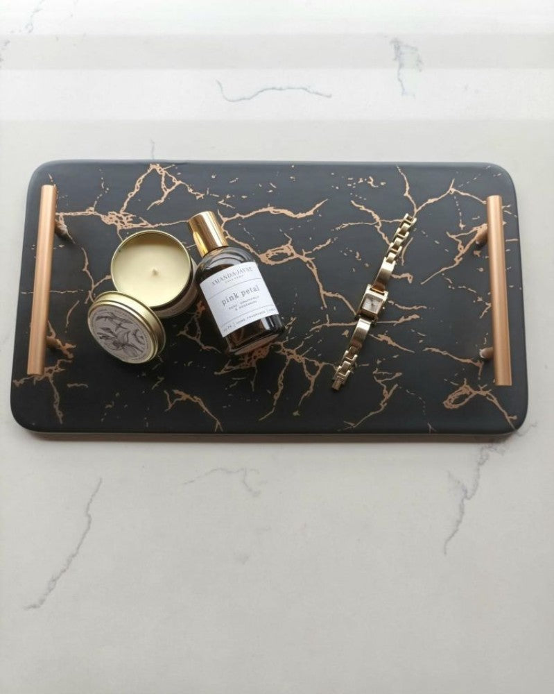 Rect Marble Design Serving Tray w/gold handles