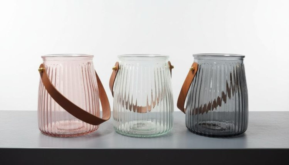 Vase short grey lines with leather look handle