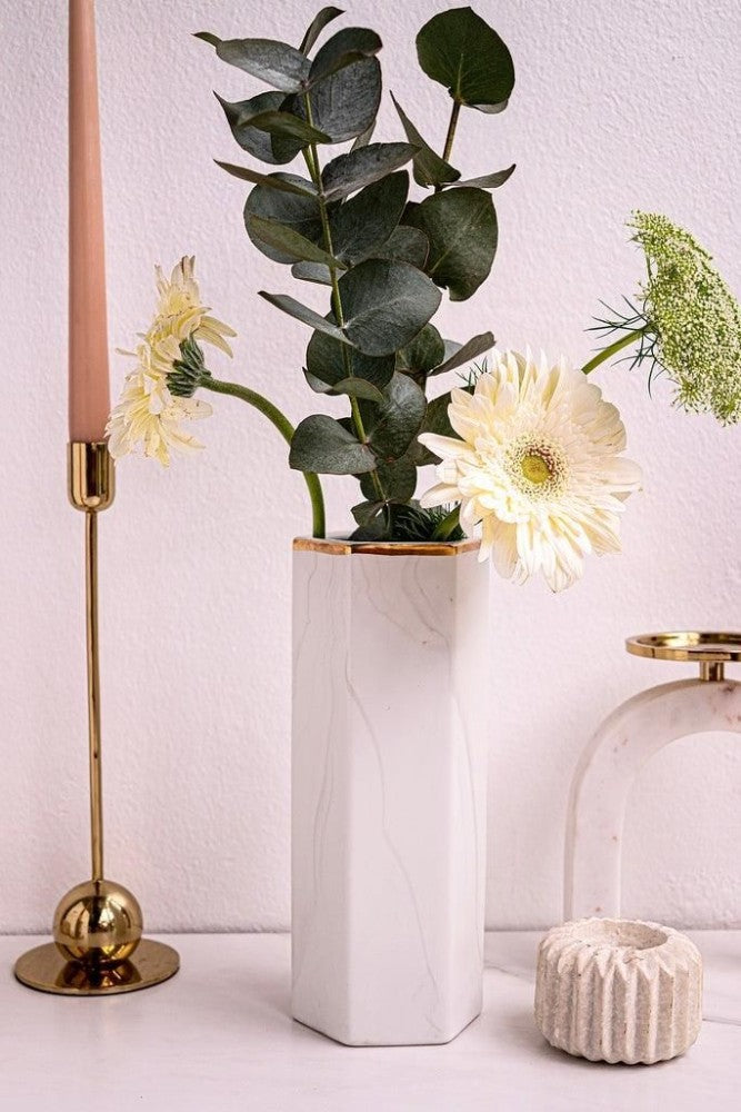Designer- Marble Style Hexagonal Shaped Vase with golden rim- Priced to Clear
