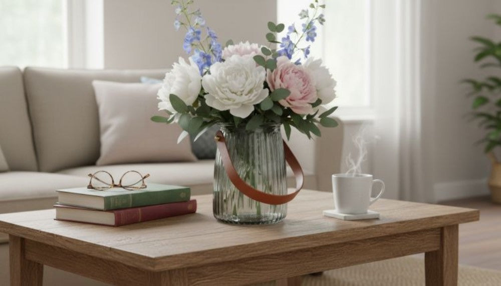 Vase short grey lines with leather look handle