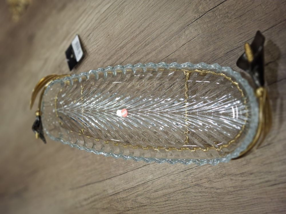 Shaped Glass  Platter on golden stand with Black Lilly detail - END OF RANGE PRICED TO CLEAR