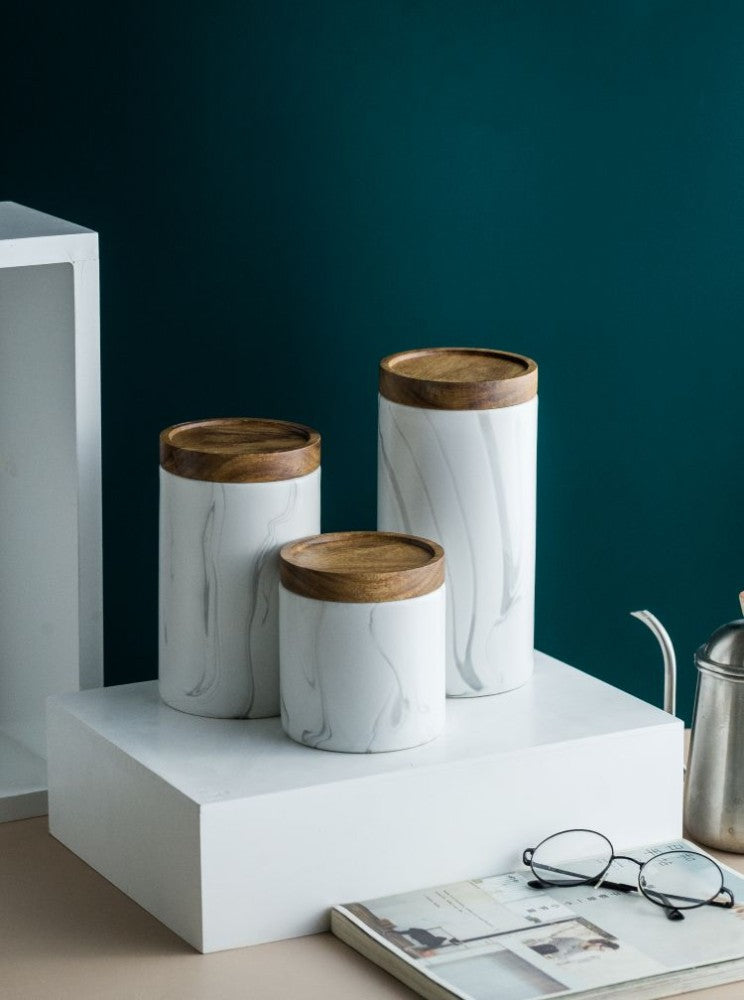 Marble Design Canister with Wooden Lid
