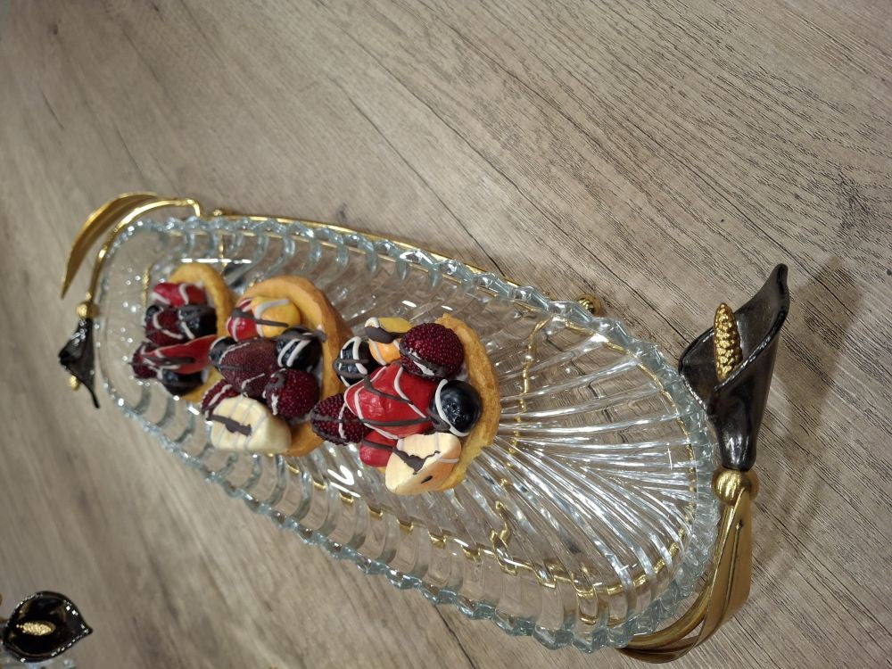 Shaped Glass  Platter on golden stand with Black Lilly detail - END OF RANGE PRICED TO CLEAR