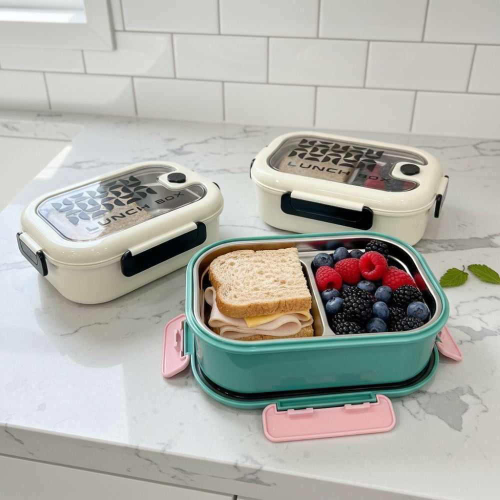 Large Stainless Steel Lunch Box 2div removable inner clip lock sid