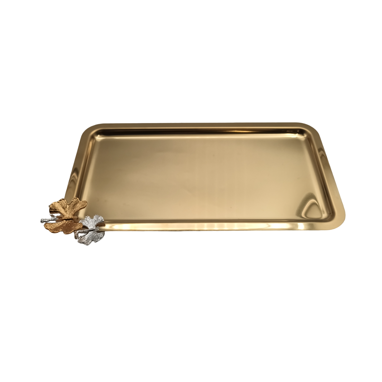 Rectangle Golden Metal Tray with Flower Detail