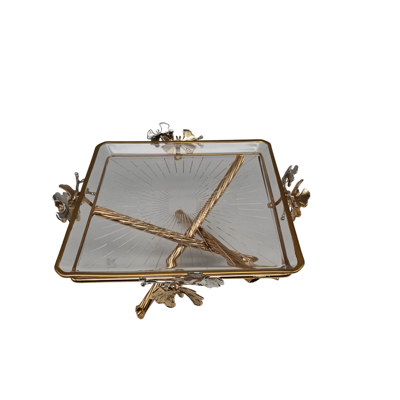 Large Square Golden Platter with Cross Legs