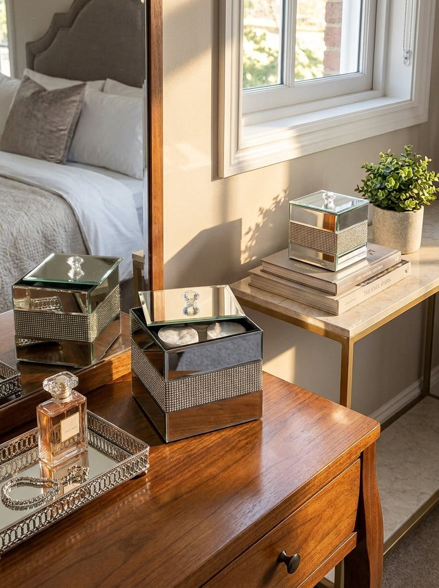 Black Mirror Design Decorative Storage Box with Crystal Detailing