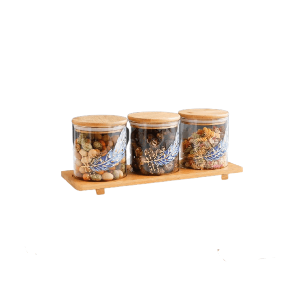 3pc Glass Jar Set on Wooden Stand - Feather Detail - Home And Trends