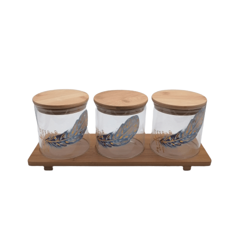 3pc Glass Jar Set on Wooden Stand - Feather Detail - Home And Trends