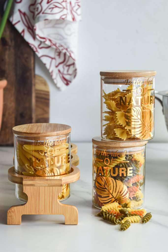 3pc Glass Jar Set on Wooden Stand - Golden Nature Detail - Home And Trends