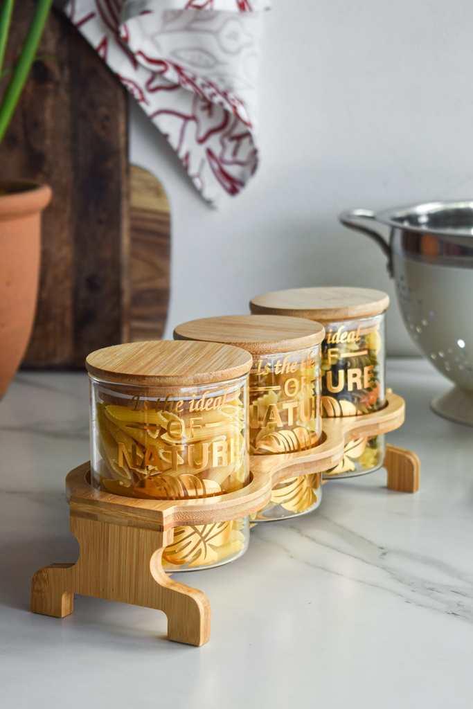 3pc Glass Jar Set on Wooden Stand - Golden Nature Detail - Home And Trends