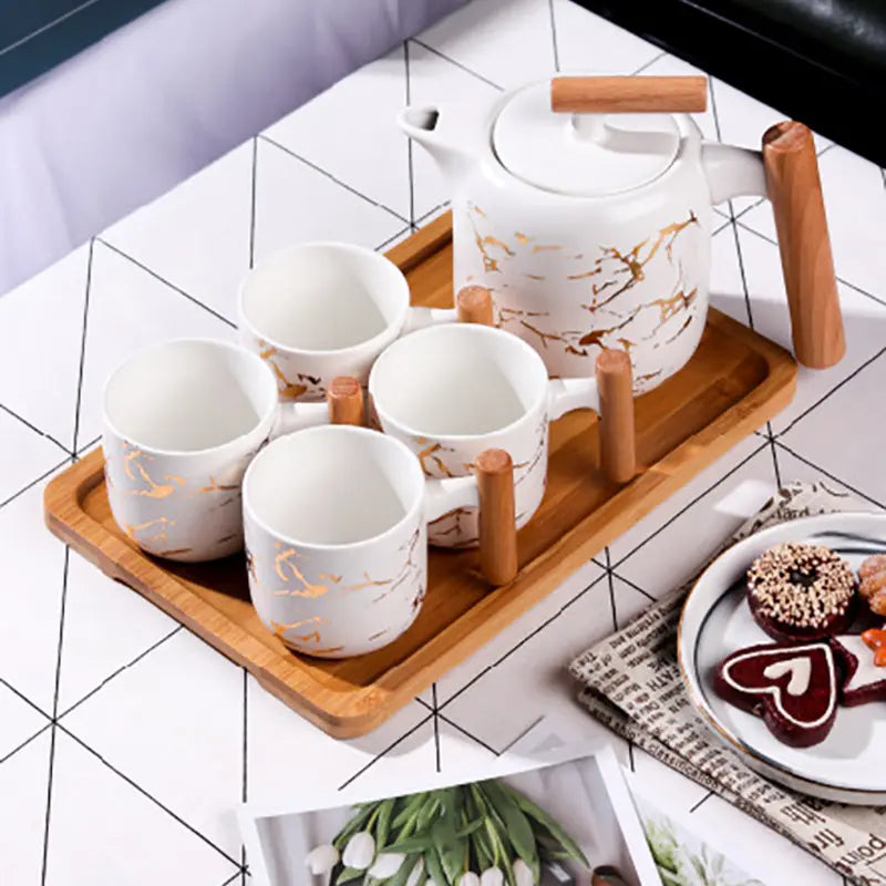 Marble Design Tea/Coffee Set with Wooden Handles
