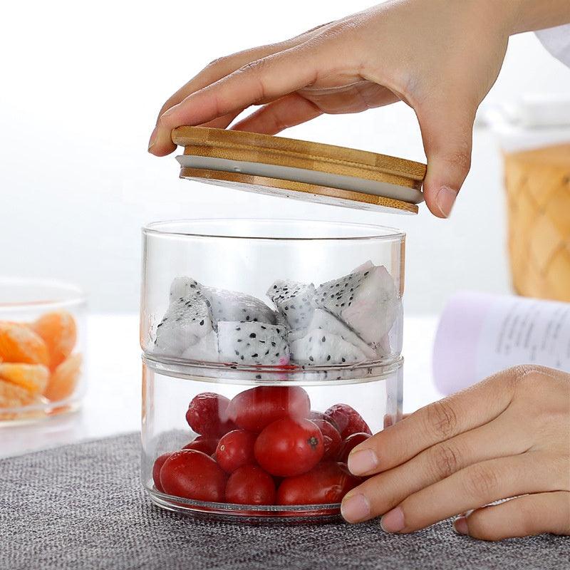 8cm Stackable Glass Food Container with Wooden Lid - Home And Trends