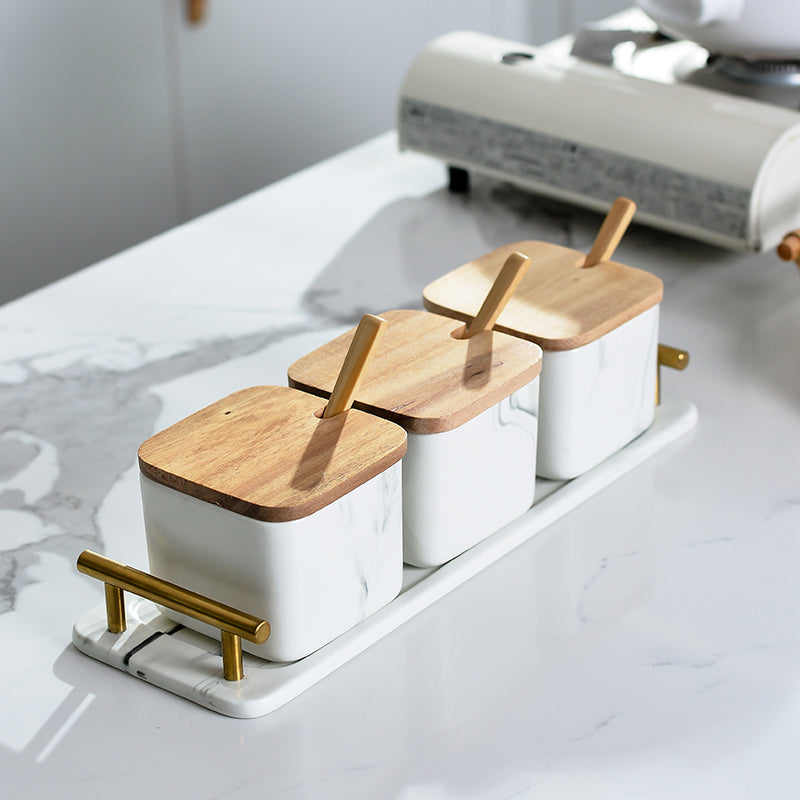 Square Marble Design Condiment Set with Tray and Spoons