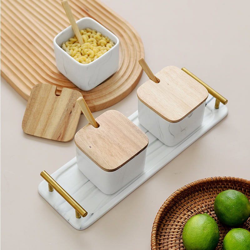 Square Marble Design Condiment Set with Tray and Spoons