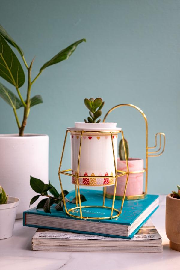 Abstract Hexagonal Mini Decorative Pot With Golden Stand - Home And Trends