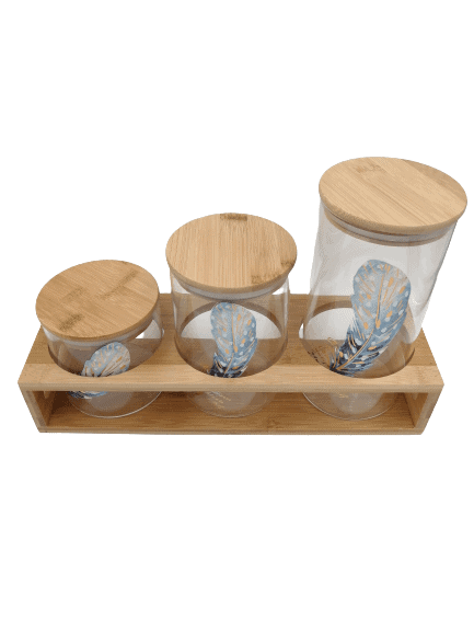 Glass Jar Set on Wooden Stand - Feather Detail - Home And Trends