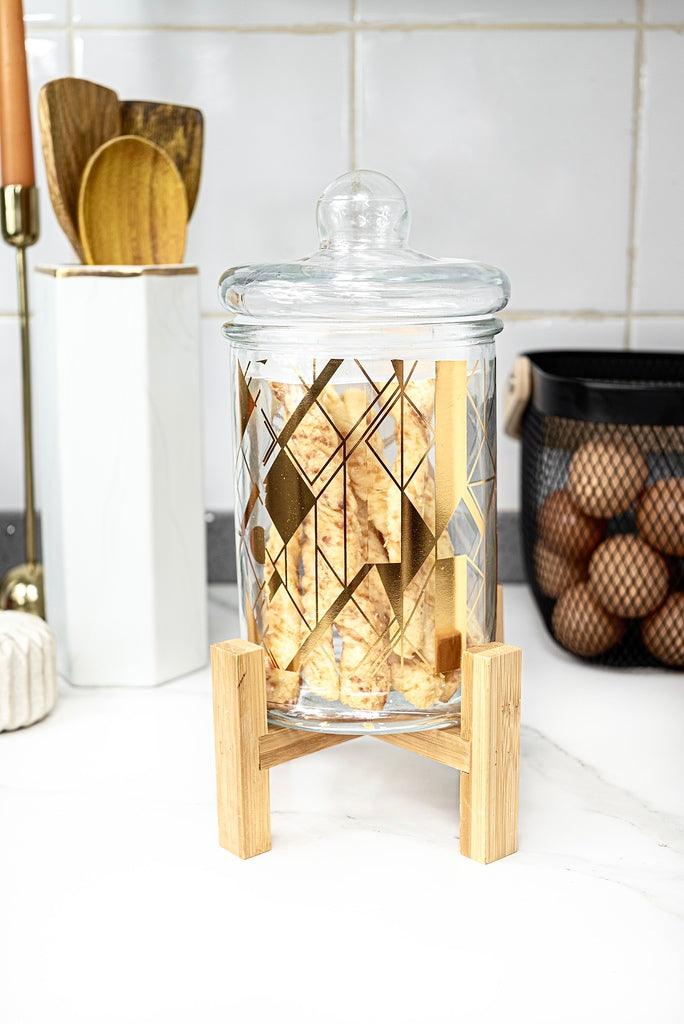 Golden Abstract Detail Glass Jar on Wooden Stand - Home And Trends