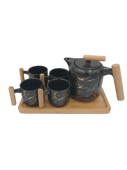 Marble Design Tea/Coffee Set with Wooden Handles